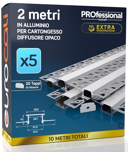 5x Profili da 2 metri (10mt) a Scomparsa in Alluminio per Strisce LED | Copertura Opaca larghezza max striscia led 20.7mm - 28.5 x 14 (alette 61.5)