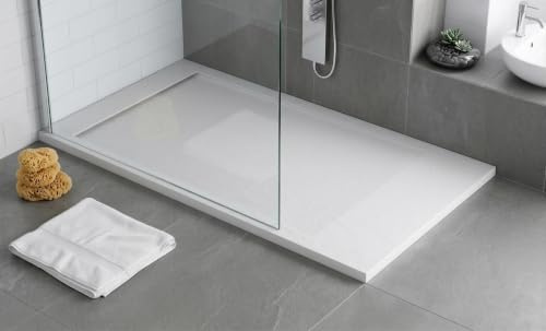 Plato de ducha resina FLOW desagüe lineal frontal color Blanco 150x90 textura pizarra antideslizante rejilla extraplana integrada a juego. Incluye válvula de desagüe