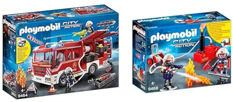 PLAYMOBIL City Action 9464 Feuerwehr-Rüstfahrzeug mit Licht und Sound, Ab 5 Jahren & City Action 9468 Feuerwehrmänner mit Löschpumpe, Ab 5 Jahren