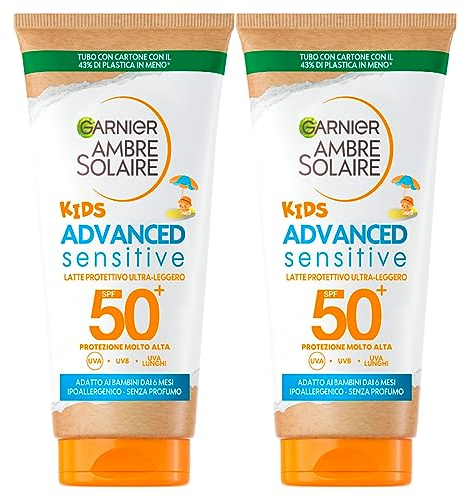 Garnier Ambre Solaire Kids Advanced Sensitive SPF 50+ Latte Solare Protezione Molto Alta Bimbi Ipoallergenico - 2 Flaconi da 50ml
