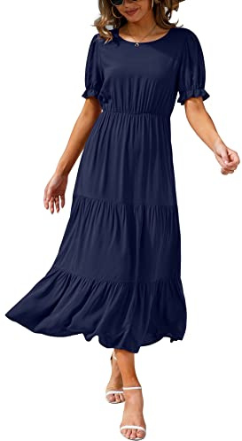GRECERELLE Womens Summer Midi Dress Floral Print Boho Dress Ruffle Puff Sleeve High Waist A-Line Casual Boho Cocktail Holiday Beach Long Dress for Ladies