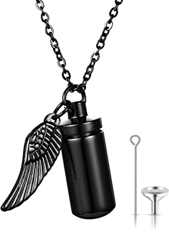 JewelryWe Urna halsband, öppningsbar kapselhållare vattentät pillerhänge med fyllningssats, ängelvinge hänge, personligt halsband, Rostfritt stål, ingen_ädelsten