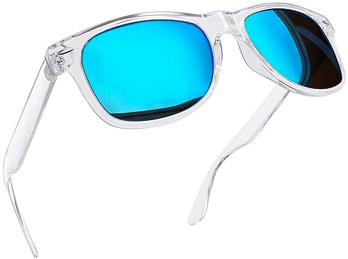 Joopin Polarisierte Blaue Sonnenbrille Herren Rechteckige UV400 Unisex Spiegel Retro Damen Sonnenbrille mit Durchsichtiges Gestell für Fahren und Tourismus (Transparent Verspiegelt Blau)