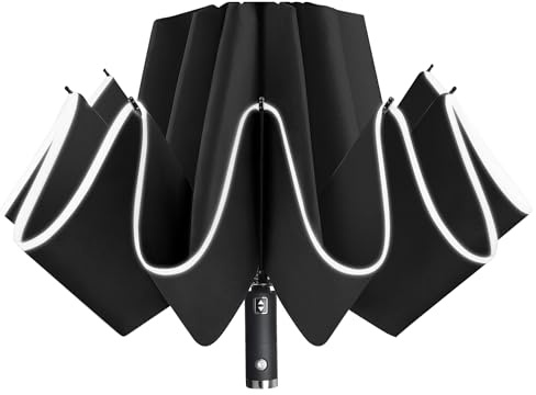 Lejorain Folding Reverse LED Umbrella - Upside Down Reflective Umbrellas Compact Inverted Travel Windproof Umbrella Auto Open Close for Rain