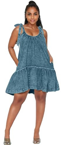 Vidifid Women Denim Cami Dress Tie Shoulder Ruffle Hem Short Dresses Babydoll Wash Jean Sundress with Pocket Blue XXL