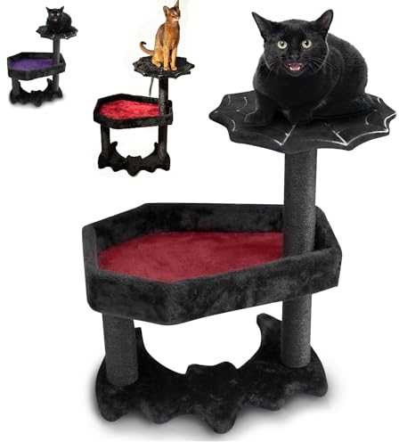 Gothic Kratzbaum in Sargform, Turm mit Bett und Kratzsäule aus Sisal, für Halloween, klein, Schwarz und Rot