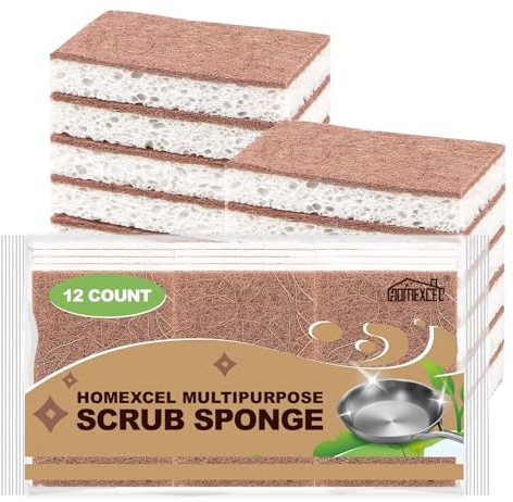 HOMEXCEL Natural Scrub Sponges Kitchen 12 Pack, Non-Scratch Cleaning Sponges for Dishes, Cellulose Sponges Safe on Non-Stick Cookware, Dual Sided Dish Sponge for Washing Dishes, Kitchen and Household