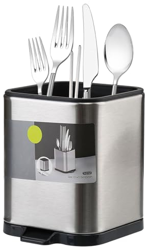 Behälter für Küchenutensilien, Utensilienhalter Edelstahl Küchen Utensil Behälter, Besteck-Abtropfkorb, Rutschfest Besteck-Abtropfbehälte Gabel Löffel Lagerung Organizer mit Ablaufboden, Quadratisch