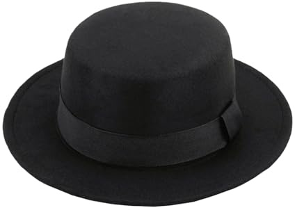 Bamboopack Chapeau Classique Noir Plat Bord Fedora Panama en Feutre - Église Derby à Tarte de Porc Jazz avec Ceinture pour Femmes Hommes