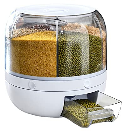 Rice Storage Container 360° Rotating Food Grain Dispenser Box with Lid, 6 Compartment Sealed Cereal Grain Bucket for Lentils, Barley(Smsll 23 x 23cm)