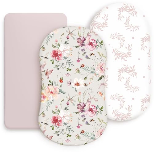 Stretch-Spannbettlaken-Set, ultraweich, universelle Passform für Stubenwagen, Babywiege, Moseskorb, oval, rechteckig, sicher und anschmiegsam, schönes Blumen- und Insektenmuster für Babys, Mädchen, 3