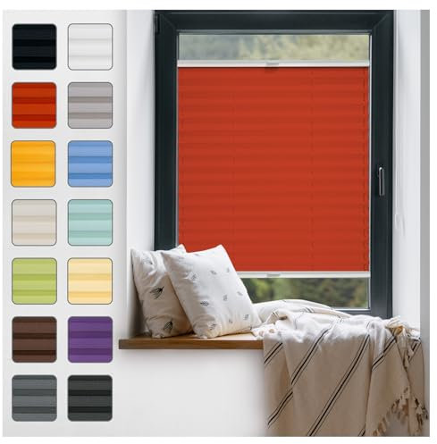Fenster Plissee ohne Bohren zum Kleben Innenrahmen - Thermo Plisseerollo Innen - Rollo Jalousie, Halterungen auf Rahmen, Faltrollo, Sichtschutz, Blickdicht, für Fenster & Tür - Rot, 85 x 80 cm