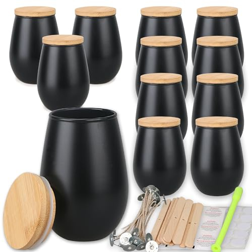 MILIVIXAY 12 Stück 325 ml Kerzengläser Mit Bambusdeckel und Herstellungs-Kits - Mattschwarze, Ovale Design-Gläser für Große Kerzen, Gewürze