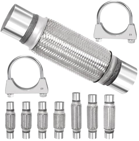 Swpeet 3Pcs 2.5 x 7.9 Inches Exhaust Flex Pipe with 2.5 Inches Exhaust U Clamp Kit, Universal Type Stainless Steel Double Braid Zinc Pipes Exhaust Flex Tube Ideal for Heavy Duty and Cars