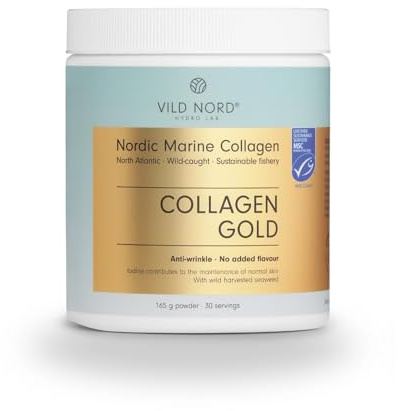Vild Nord Collagene Marino in Polvere Gold - 165 g, 30 porzioni - Peptidi di collagene idrolizzato di tipo 1 con vitamina C e iodio per pelle, muscoli, capelli, unghie, articolazioni e ossa