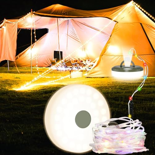 LATTCURE Hopfällbar campinglampa, 10 m bärbar infällbar ljusslinga, vattentät, utomhus, 2 i 1 uppladdningsbar LED-slinga med 8 belysningslägen för fest, camping, trädgård