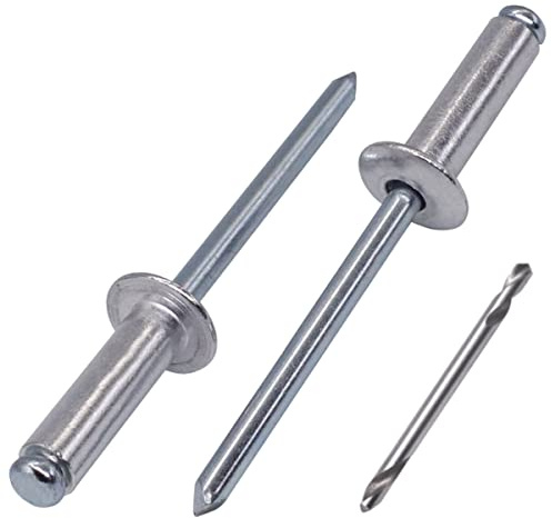 SKIR'CO (200 Stück) Aluminium Blindnieten 5,0 x 16 mm, Stahlbolzen, Popnieten, Rundkopf, DIN 7337 Nieten, Bohrer inklusive
