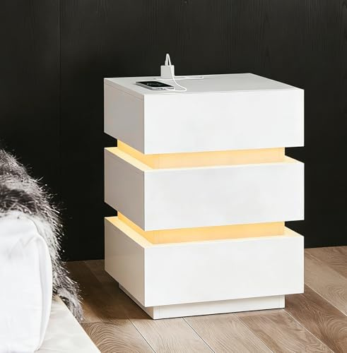 Chleby Modern Hochglanz-Nachttisch mit Steckdose Weiß LED Nachttische Kommode Beistelltische mit 3 Schubladen für Schlafzimmer, Wohnzimmer