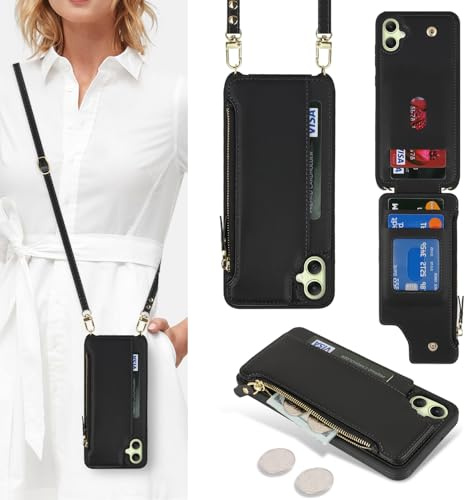 SailorTech för Samsung Galaxy A05 telefonfodral med kreditkortshållare för kvinnor, Samsung Galaxy A05 läderfodral plånbok crossbody med kortplatser, dragkedja stöttåligt fodral för män-svart
