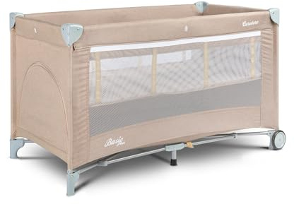 CARETERO Basic Plus Baby Resesäng med Madrass 120x60 cm - Hopfällbar resesäng för bebisar upp till 15 kg - Från födsel till 4 år - Inkluderar transportväska - beige