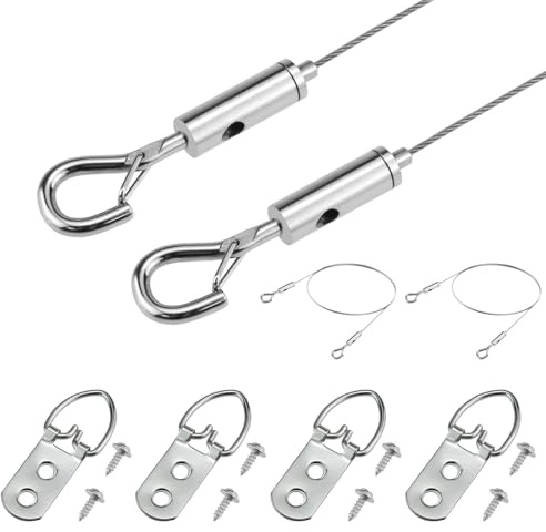 ZIUZI 6.6FT Adjustable Picture Hanging Wire, Heavy-Duty Stainless Steel Wire Rope with D Ring, Hanging Hardware Holds Up to 45lbs for Mirror Light Lamp, Billboards, Basket Flowerpot 2 Kit