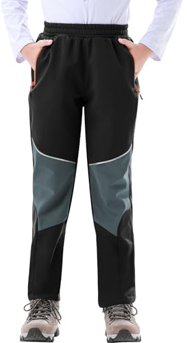 Zoofly Pantalon de Ski pour Enfants Pantalon Thermique Imperméable en Softshell pour Garçons et Filles Doublé de Polaire Chaude, Noir/Gris 122-128