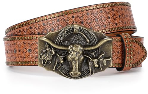 LEACOOLKEY Western cowboy läderbälte för män kvinnor cowgirl western landsbygdsbälte män spänne bälte för jeans byxor, C-kopparspänne brun, (120cm)Passform Taillenumfang 95cm-105cm