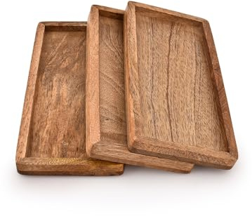 Indus Lifespace Plato de madera de mango con borde elevado, juego de 3 para servir embutidos, postres, salsas, sushi, fiestas, reuniones familiares (10 x 4.5 x 0.75 pulgadas) (juego de 3)