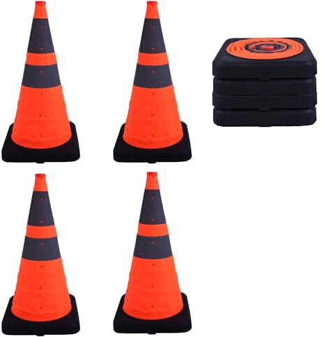 [Set de 4 piezas] Conos de Seguridad Plegables de 28 pulgadas/70 cm, con Base Reforzada Negra y Anillo Reflectante, ideales para múltiples aplicaciones