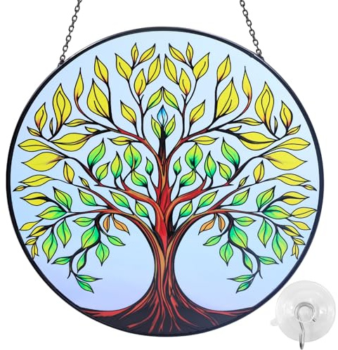 Stained Glass Suncatcher Tree of Life 8Windows Hanging Ornament Gift for Christmas,Easter,Mother's Day,Outdoor-Indoor Window Decor