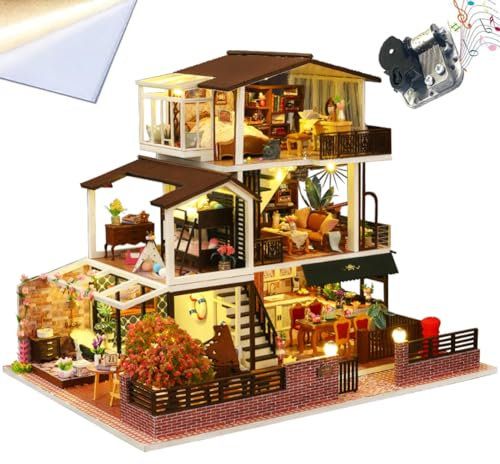 Set in miniatura casetta delle bambole fai da te in legno, con illuminazione a LED e suoneria musicale, modello di una villa vintage europea, costruzione 3D (con cappuccio antipolvere)