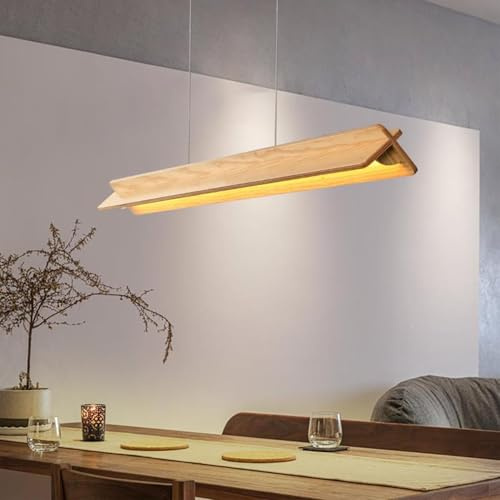 Holz LED Pendelleuchte Esstisch Dimmbare Hängelampe Esszimmer Esstischlampe, Holzlampe mit Fernbedienung, Hängend Leuchte Höhenverstellbar für Büro Küchen Wohnzimmer Deckenlampe (Holz, 80cm)