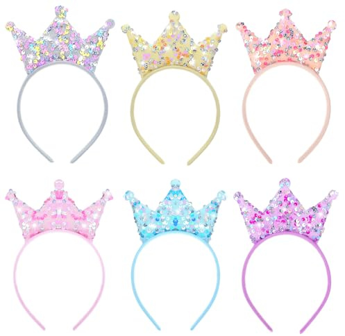 Larrel 6 Stück Pailletten Krone Stirnband, Bling Prinzessin Krone Haarreifen Glitzer Stirnbänder Süße Haarschmuck Krone Geburtstag Mädchen Haarreif Party Dekorationen für Geburtstag Weihnachten