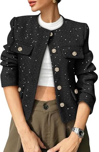 COCCKO Women's Tweed Blazers Trendy Fall Casual Collarless Button Down Sequin Tops Cropped Jackets with Pockets Black