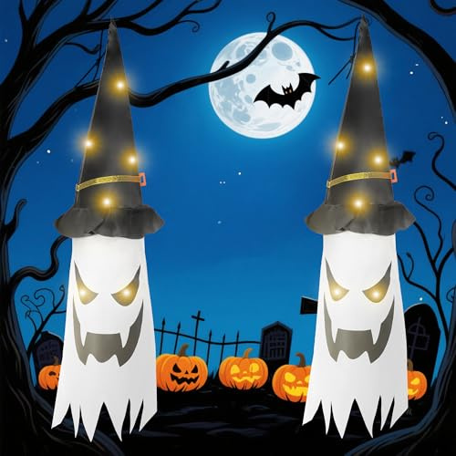 Lypumso Halloween Deko Geister, 2 Stück Halloween Dekoration Hängende Geist mit Hexenhut LED Lichter mit 3 Beleuchtungsmodi, Decoration Geist Außen Innen für Garten, Terrasse, Veranda, Party, Baum
