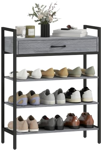HOMCOM Schuhregal mit Schublade für 9 Paar Schuhe 70 x 30 x 87,6 cm Grau | 4 Ebenen, Schuhständer Metall, Schuhaufbewahrung, Platzsparend, Schuhablage, Flur, Wohnzimmer