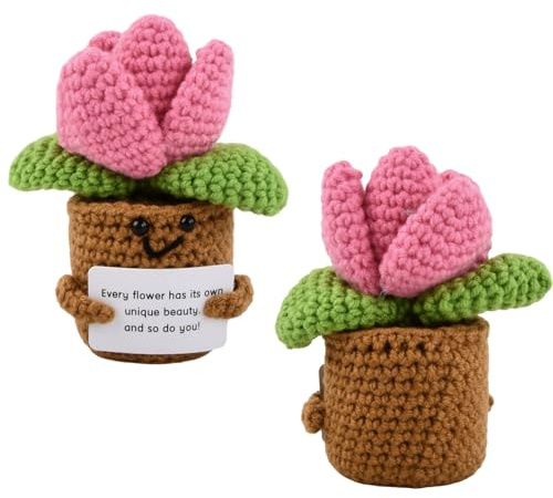 Astralong Divertida Ganchillo Planta de Apoyo Emocional, Positivo Suculento Crochet Muñeca Flores Punto con Tarjeta Positiva con Tarjeta Aliento Pequeñas Decoraciones de Escritorio de Punto en Maceta