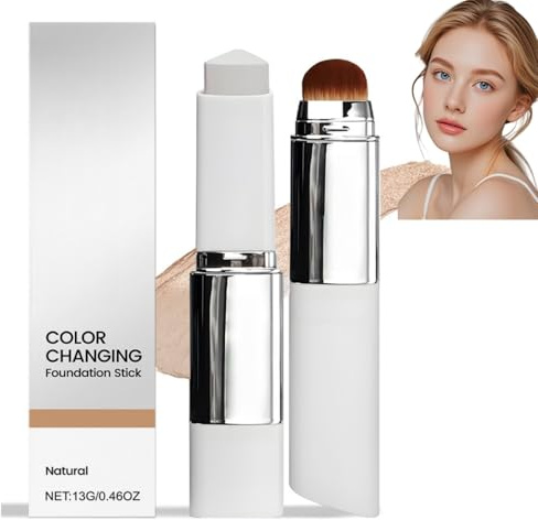 2-in-1 Color Changing Foundation Stick with Brush Head,Cover Cream Stick V Foundation Stick,Full Coverage Base Makeup,Waterproof Long-Lasting Sweat-Proof for Natural Makeup,Suitable for All Skin Types