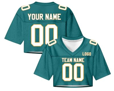 Generisch American Football Trikot Damen personalisiert Name Nummer, Rugby Trikot Bauchfreies Oberteil Kurzarm Cheerleader Outfit, Y2K Crop Top V-Ausschnitt Streetwear Mädchen