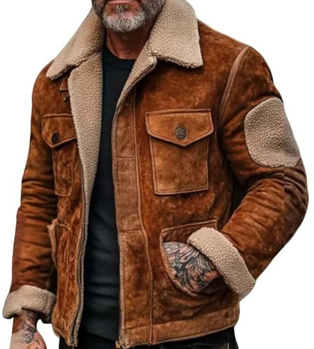 TOFOTL Wildlederjacke Herren Kapuze Schaffell Winter -Winterjacke Jacken Jacke Winterjacke Herren Übergröße Field Lammfell Oversized Winterlederjacken Jackets Kunstlederjacke Braun XL