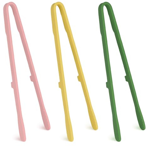 Plushly 3 Pack Silicone Tongs for Cooking & Serving, 10.4in Small Kitchen Tongs Skinny Tweezers, Anti-Slip & Heat Resistant for Toaster, Salad, Food BBQ, Grilling, Bacon