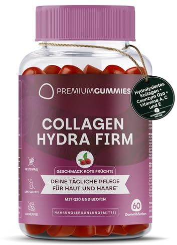Collagène avec biotine, coenzyme Q10, vitamines A, C et E - Goût fruits rouges - Supplément pour prendre soin de votre peau - Sans sucre - Sans gluten - Sans OGM - 60 bonbons - 30 jours by Premium