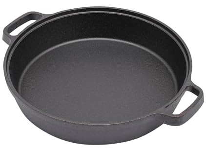 SanBouSi Sartén de hierro fundido de 25 cm, para inducción, de hierro fundido, sin revestimiento, con asas dobles, base plana para barbacoa, horno y camping, color negro