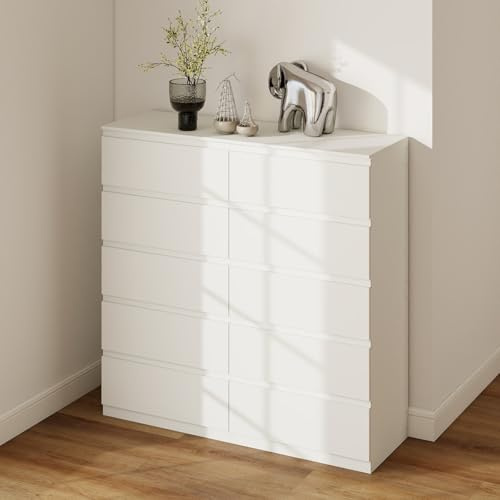 Ginhow Cómoda con cajones, armario de cajones para pasillo, armario con cajones blanco con 10 cajones, cómoda moderna para dormitorio, color blanco, 120 x 40 x 120 cm