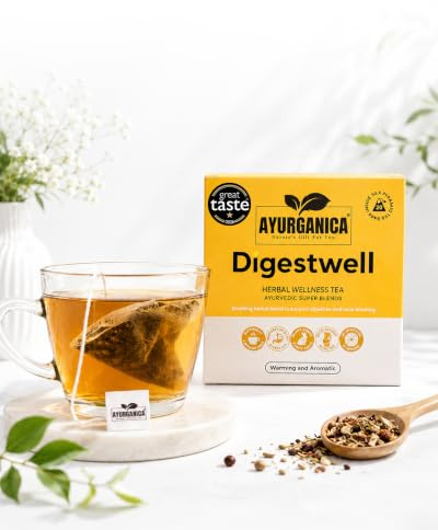 Ayurganica Digestwell Herbal Tea With 9 Active Ingredients – 40 Counts – Help Digestion – Metabolism Booster – Ginger, Fennel Seeds, Peppermint, Licorice & Cardamom – Silk Pyramid Individual Tea Bags
