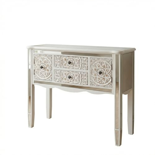 Mobiletto Rosalyn – Consolle Ingresso in Legno Bianco con Inserti a Specchio, 2 Cassetti e 2 Ante, Piano Superiore in Vetro Specchiato, Design Boho Chic Intarsiato, 95x26x80 cm