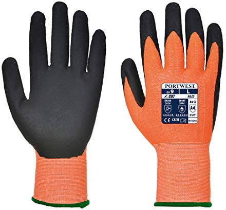 Portwest A625 Cut D13 PU Viz-Tex Glove 13 Gauge Breathable Seamless Liner | Orange/Black, Large, CE Certified, EN 407, UKCA, EN ISO 21420 Dexterity 5, Slim Fit, Polyester, Water Abrasion Resistant