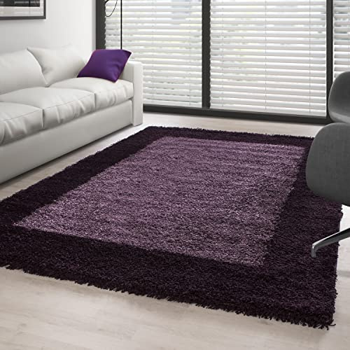 Carpettex Hochflor Teppich Wohnzimmer Shaggy Flokati Teppich Modern Bordüre Design 100 x 200 cm Flur Teppich Läufer Violett - Teppich Bettvorleger Schlafzimmer Weich Flauschig Waschbar Küchenläufer