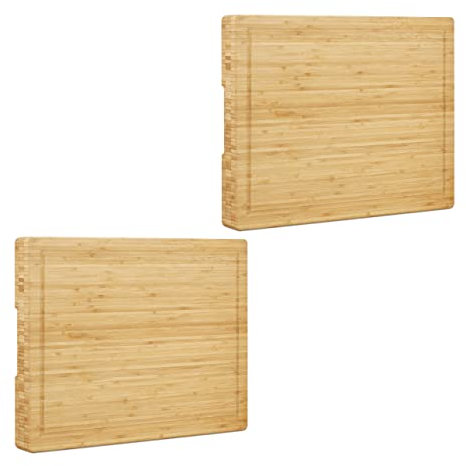 2 tablas de cortar de bambú maciza, ranuras para asas, ranuras para el jugo, no daña los cuchillos, 5,5 x 45 x 35 cm, natural