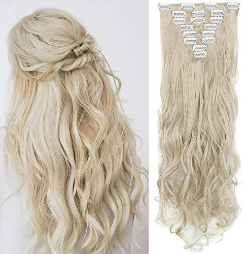 SEGO Clip in Extensions Haarverlängerung Haarteil 8 Tressen wie Echthaar gewellt Aschblond & Bleichblond 24(61cm)